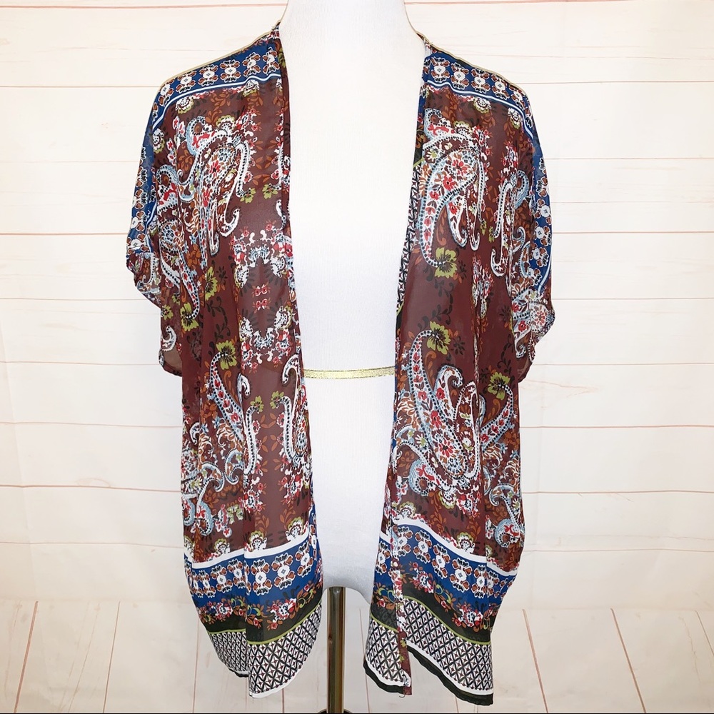 Bobeau Boho Sheer Paisley Geo Print Top Large